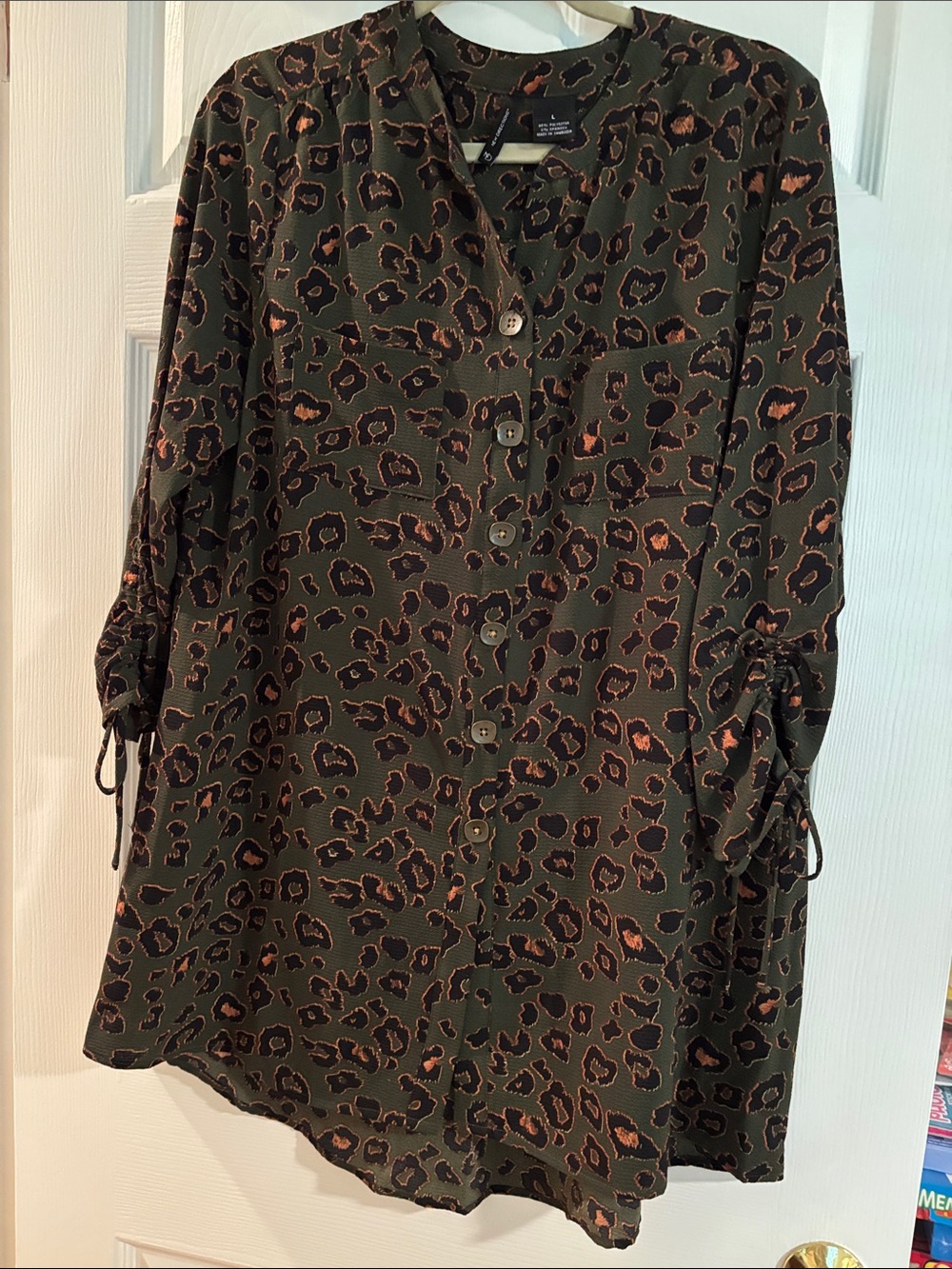 new directions Olive Green Leopard-Print Button Front Tunic